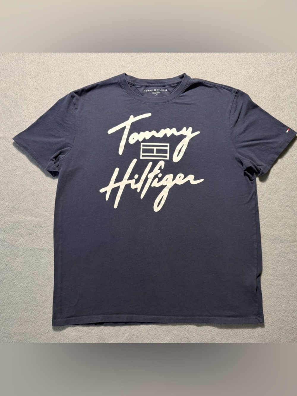 Tommy Hilfiger Mens Large Navy Blue T Shirt Big Logo Script Tee Casual